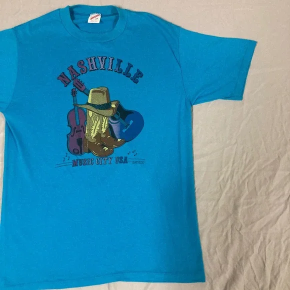 Vintage Jerzees Nashville Music City USA T-Shirt Blue Made in USA Large 50/50 - Picture 3 of 12